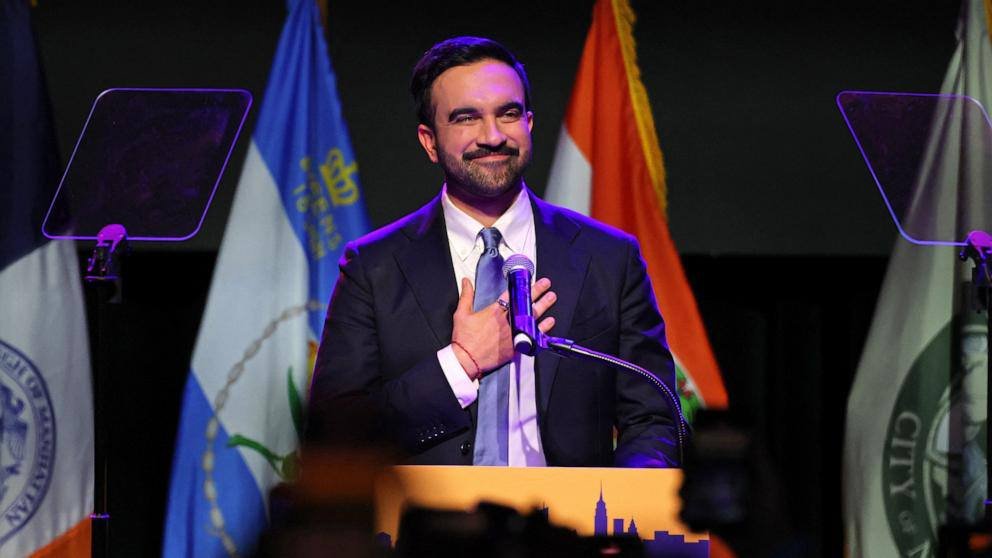 New York City Mayoral candidate Zohran Mamdani celebrates during an election night event in Brooklyn, New York City, November 4, 2025. Angela Weiss/AFP via Getty Images